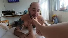 Play Pick defeat & toe suction and own cum feeding from her feet