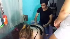 Play Shy Guy Gets a Double Blowjob from His Girlfriend and Friend